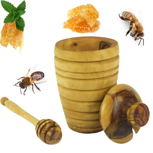 GARTIAM - Ensemble Pot à miel en bois d'olivier naturel avec sa cuillère et son couvercle - 14 x 8 cm Cover