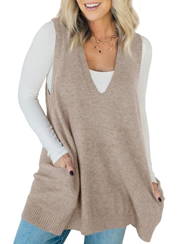 Saodimallsu Womens Sleeveless Sweater Vest V Neck Casual Loose Knit A Line Flattering Tunic Top with Pockets