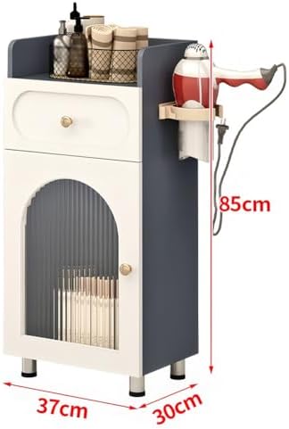 White Hair Storage Cabinet with Glass Door & Dryer Holder, Salon Barber Station Organizer with Drawer, Beauty Spa Tattoo Storage Unit (37x30x85cm)