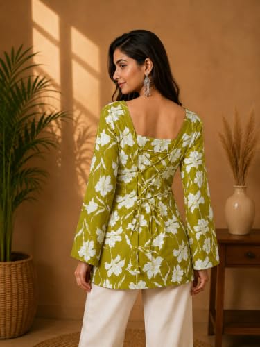 Image of Rayon Floral Print Short Kurti for Women | Square Neck Long Sleeve Top for Women | Criss Cross Back Desing Kurti | Soft Breathable Fabric | Relaxed Fit | Casual and Office Wear