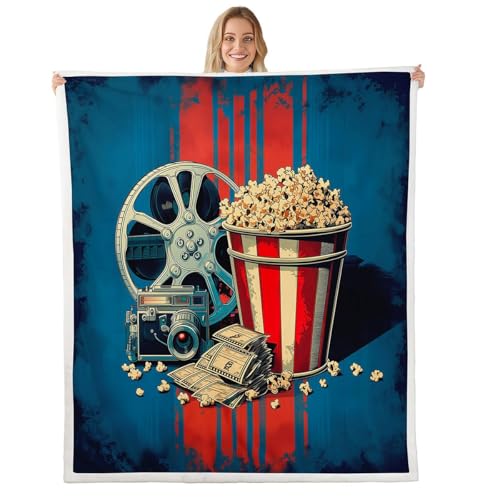 jejeloiu 70's Vintage Cinema Fleece Throw Blanket Movie Ticket Sherpa Blanket for Kids Women Men Plush Fuzzy Popcorn Soft Baby 30"x40" Film Theater for Bed Couch Chair Living Room Bedroom Decor