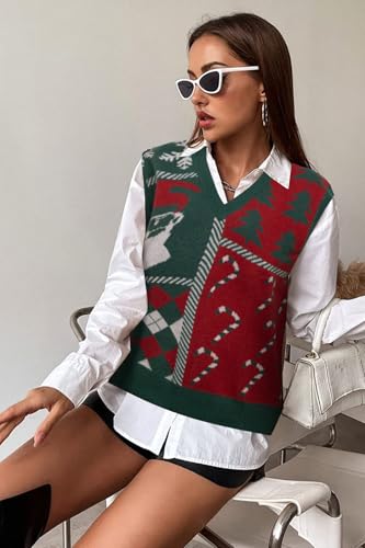Image of JULYCLO Christmas Sweater Vest Women Ugly Xmas Reindeer Knit Sweaters Casual Santa Snowflake V Neck Sleeveless Outwear Tops