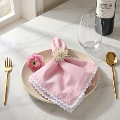 Image of FINGERCRAFT Lace Trim Cloth Napkins Set of 6, 20x20 Inch Cotton Linen Blend Dinner Napkins, Reusable Washable Table Napkins for Wedding, Farmhouse Dining, Parties & Home Decor (Pastel Pink)