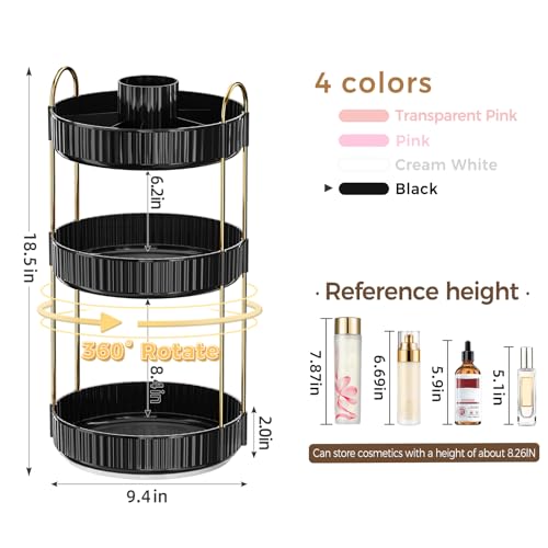 Image of 360 Rotating Makeup Organizer, Upgraded 3 Tier Skincare Perfume Organizers for Women, Bathroom Organizer Countertop, Clear Cosmetic Dresser Organizer with Makeup Brush Holder, Sink&Counter(Black)
