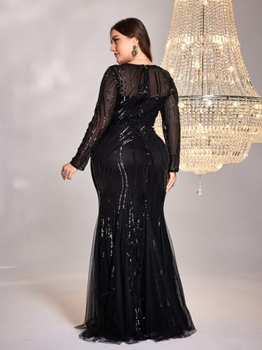 Image of Plus Size Long Sleeve Sequin Evening Dress Glitter Mermaid Long Gown for Mother of The Bride Or Wedding Guest