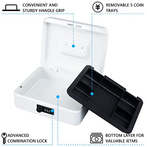 Image of KYODOLED Large Cash Box with Combination Lock,Safe Metal Box for Money, Storage Lock Box with Money Tray,9.84 inchx 7.87 inchx 3.54 inch White Large
