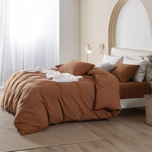 JIYUAN 100% Washed Cotton Duvet Cover Set 3 Pieces Oversized Queen, 1 Duvet Cover 98x98 Inches(Comforter Not Included) and 2 Pillowcases,Linen Feel Bedding Set Comfy and Breathable,Burnt Orange