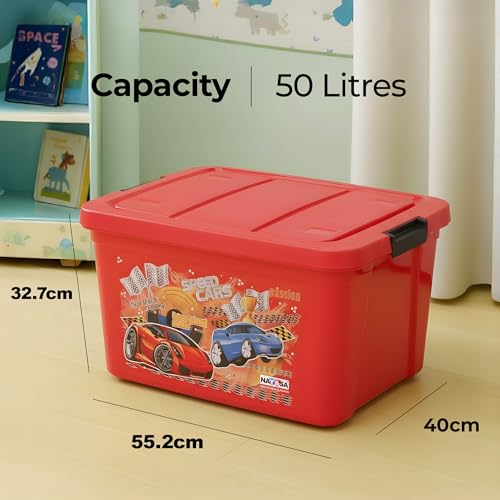 Image of Nayasa Toy Box Big Plastic Storage Box | Multipurpose Stackable Storage Box with Lid and Small Rolling Wheels | Ideal for Organizing Toys & Household Essentials | 50L | Red