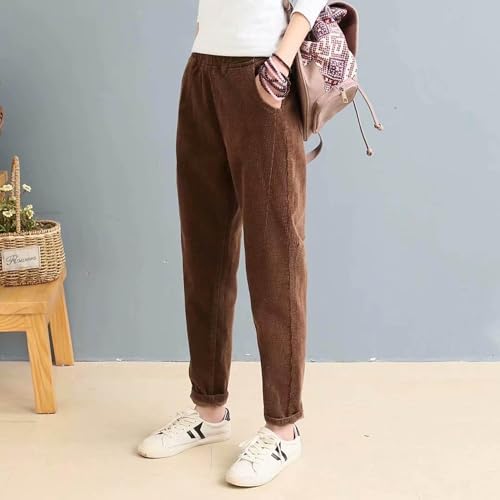 Corduroy Straight Leg Pants Women's Elastic High Waisted Trousers Comfy Casual Work Pull On Pants with Pockets2
