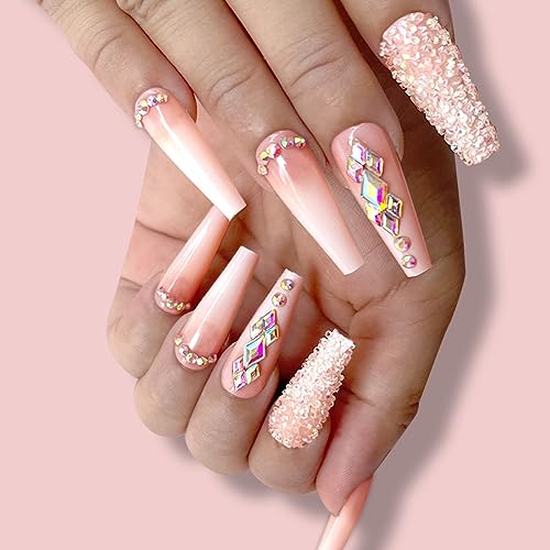 24Pcs Acrylic Press on Nails Long Coffin Ombre Pink Fake/False ...
