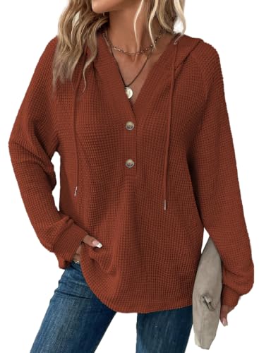 Dokotoo Oversized Sweatshirt for Women Trendy Fall Clothes Waffle Knit Hoodie Drawstring Button V Neck Long Sleeve Shirts Casual Lightweight Soft Warm Pullover Hooded Tops Plus Size Cinnamon X-Large