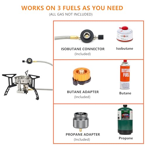 ONLYFIRE 3 Fuel Backpacking Stove with Propane & Butane Adapter, Portable Camping Gas Stove, Mini Camp Stove with Piezo Ignition & Carry Bag for Outdoor Cooking Picnic Camping Hiking GS334