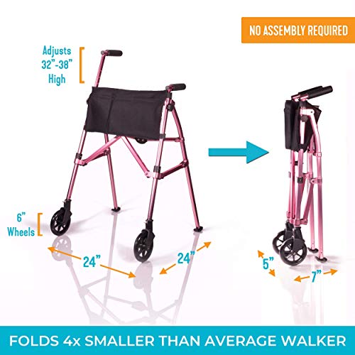 Stander EZ Fold-N-Go Walker, Lightweight Folding Mobility Rolling Walker for Seniors and Adults, 6-inch Wheels, Ski Glides, and Organizer Pouch, Regal Rose