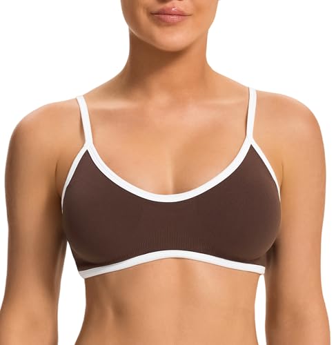 JOYSPELS Womens Seamless Sports Bra Adjustable Slim Straps Wirefree Yoga Top with Removable Pads for Gym, Workouts, Running, Pilates Brown M