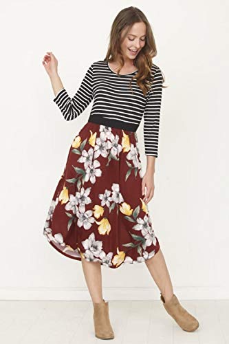 Image of Eloges Women's 3 /4 Sleeve Contrast Waist Band Floral Curved Hem Midi Dress
