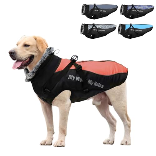 GIIPET 犬服 冬 トラクション一体型服 犬用防寒コート反射テープ付き 犬 防寒着 中大型犬 取り外し可能なリード 犬 冬服 暖か 袖なし 着脱簡単 コート スキースーツ 洋服 パーカー 寒さ対策 雪?策 防水 防風 防寒 ?外 お散歩