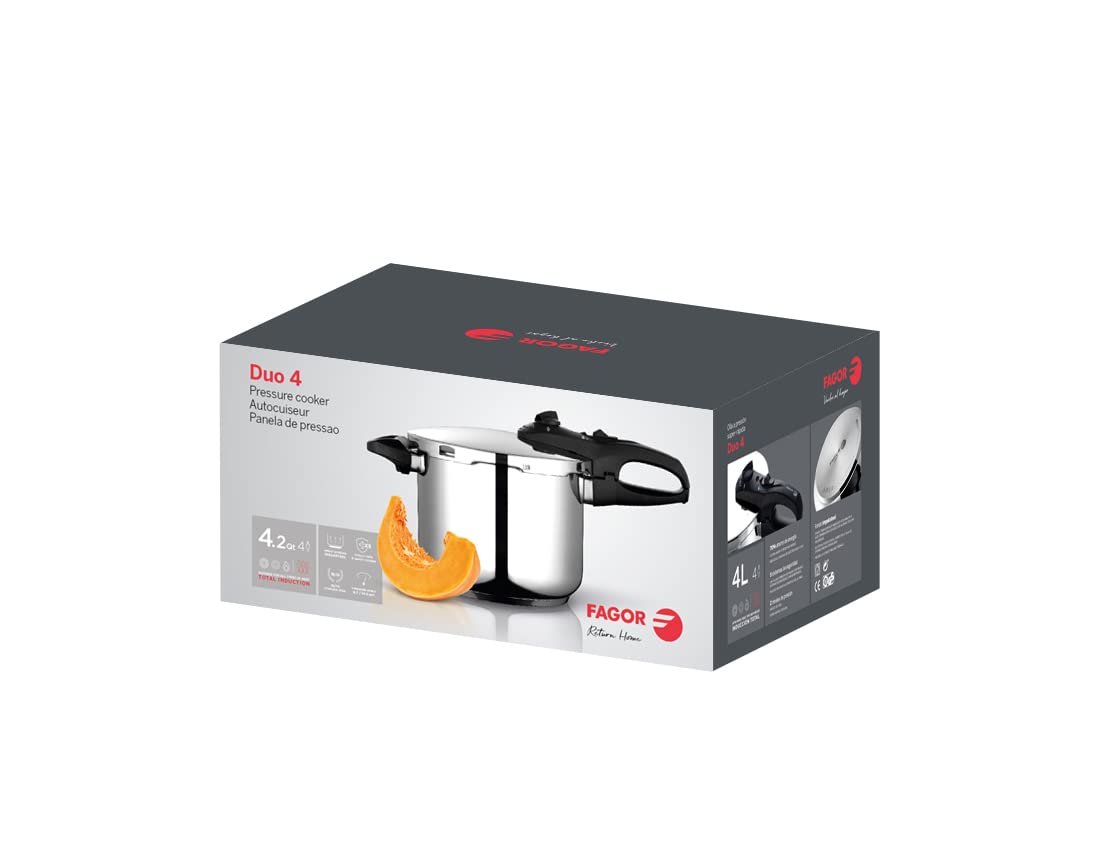 Fagor Duo Olla a Presión 7,5 Litros, Inducción, Express Super Rápida, Acero Inox. 18/10, Todo Tipo Cocinas, Fondo Termo Difusor, 2 Niveles de Presión, 5 Sistemas de Seguridad, Incluye Cestillo