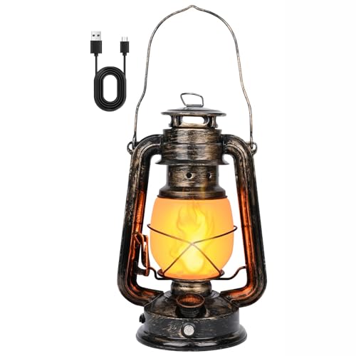 LED Vintage Lantern with Flickering Flame Effect USB Rechargeable Hanging Lantern with Touch Switch Antique Style for Outdoor Garden Camping Patio Balcony and Indoor Home Decor
