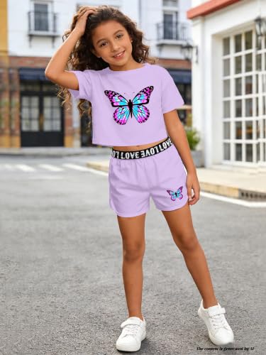Image of Betusline Girls Summer 2 Piece Outfits,Kids Short Sleeve Crop Top & Shorts Set with Side Pockets