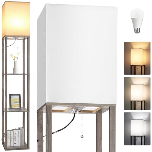 Floor Lamp with Shelves，Wood Corner Floor Lamps for living room t...