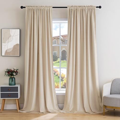 Image of MIULEE Beige Blackout Velvet Curtains Drapes 96 Inch Long 52 inchx96 inch Bedroom | Luxurious Bedroom Living Room Decor, Room Darkening, Thermal Insulated, Rod Pocket Design, Super Soft Fabric