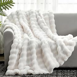 Cozy Bliss Faux Fur Throw Blanket for Couch, Fuzzy Soft Plush Thick Bubble Blanket for Sofa Bedroom Living Room, 50 * 60 Inches Cream White