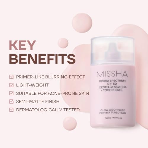 Image of MISSHA Glow Weightless Priming Sunscreen SPF 50, Korean Sunscreen for Face & Body, Broad Spectrum Primer-Like Blurring Sun Protection with Centella Asiatica + Tocopherol, 1.69 fl oz