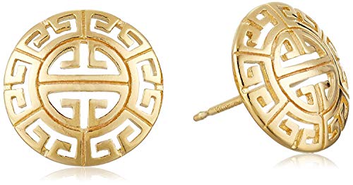 Morgan & Paige Greek Earring Studs - Handcrafted Round Greco Earrings - 18k Yellow Gold Plated Sterling Silver Studs, 1.2 