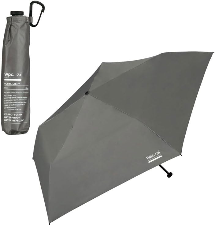 Wpc. IZA Ultra Lightweight Mini Umbrella, 128g Compact Folding Sun & Rain, gray Parasol, 100% UV Protection UPF50+, Pocket Size Travel Umbrella with Carabiner