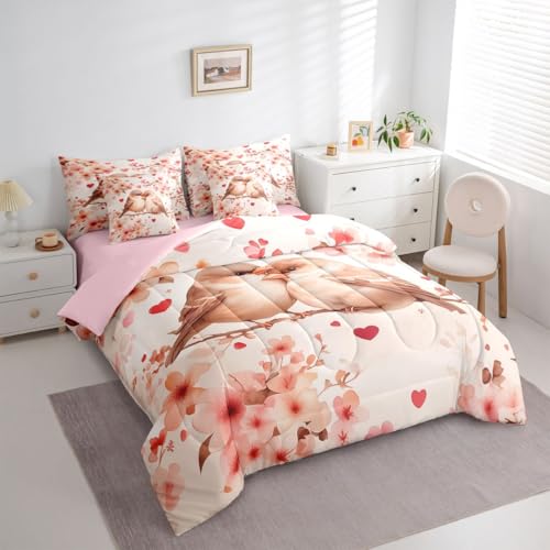 Image of Erosebridal Chickadee 7 Piece Comforter Set Full Bed in A Bag Pink Valentine Bedding Set for Girls Kids Love Heart Pattern Sheet Set with Comforter Heart Floral Spring Duvet Insert