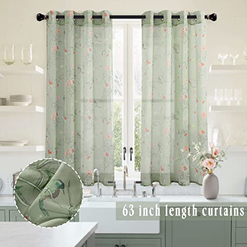 Image of XTMYI Cottage Core Curtains for Kitchen, Nature Cottagecore French Country Farmhouse Green Vintage Bird Floral Sheer Panel for Bedroom Living Room Furniture Bathroom Decor, 63 Inch Length 2 Panels