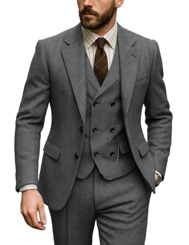 Vintage Men's Suits Regular Fit 3 Piece Tweed Herringbone Double Breasted Tuxedos Blazer+Vest+Pants Wedding