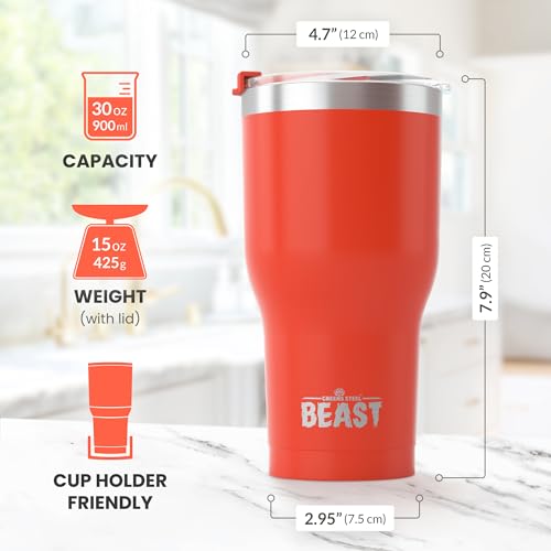 Image of Beast 30oz Red Insulated Reusable Tumbler- BPA Free | Stainless Steel Coffee Cup with Lid,2 Straws,Brush & Gift Box