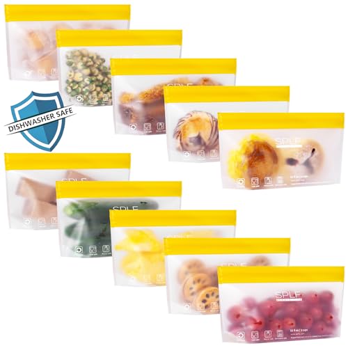 SPLF 10 Pack Stand-Up Reusable Snack Bags Dishwasher Safe,