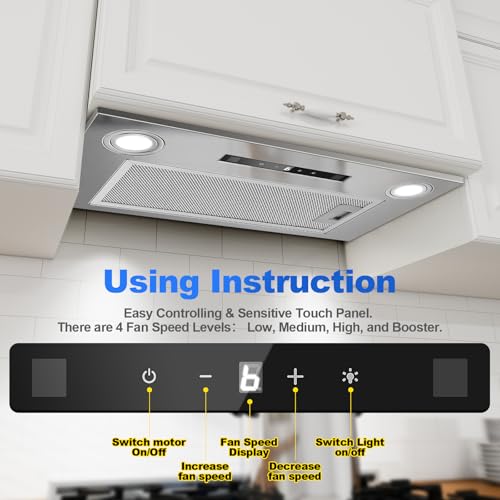 KICHPOWER Dunstabzugshaube 52cm, Einbau-Abzugshaube, 400m³/h, 3 Leistungsstufen und Booster-Funktion, Gestensteuerung, Touch Bedienung, Abluft/Umluft mit Aktivkohlefilter und Rauchrohr, Dunstabzug