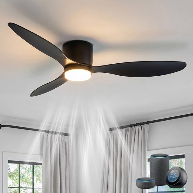 LJX Smart Ceiling Fans with Lights, 106cm (42") Low Profile 3-Blade Flush Mount Fan Compatible with Alexa, Silent Reversible Motor, Dimmable LED & Timer for Bedroom, Black