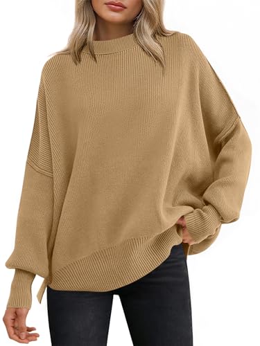 Image of ANRABESS Women Oversized Sweaters Batwing Long Sleeve 2026 Fall Outfits Crewneck Casual Knit Side Slit Fashion Pullover Top