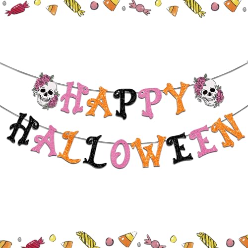 Pink Happy Halloween Banner –NO DIY- Glitter Halloween Skull Garl...