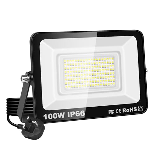 PICAA 100W LED Flood Light, IP66 Waterproof Super Bright 10000LM Security Light, 6500K Cold White Outdoor Wall Light for Garden Yard Garage Patio Warehouse with UK Plug (1PCS)