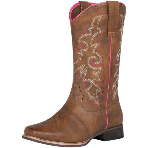 SheSole Women's Cowboy Boots Square Toe Western Cowgirl Mid Wide Calf Embroidered Boots Brown