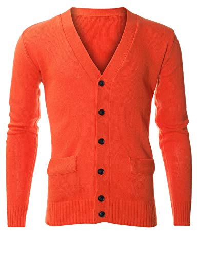 FLATSEVEN Mens Classic V-Neck Long Sleeve Lambswool Blend Sweater Cardigan (C400) Orange, US L/Asia XL
