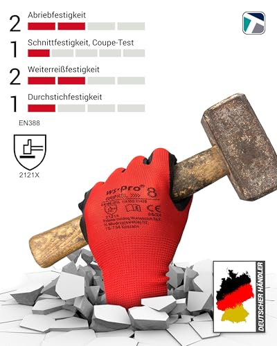 Foto von Trevendo Arbeitshandschuhe - WS-Pro Grip RSL - EN 388 - Montagehandschuhe mit Latexbeschichtung, atmungsaktiv & griffig - ideal für Bau, Garten, Logistik - Mehrfachpack - Größe 8, 12 Paar