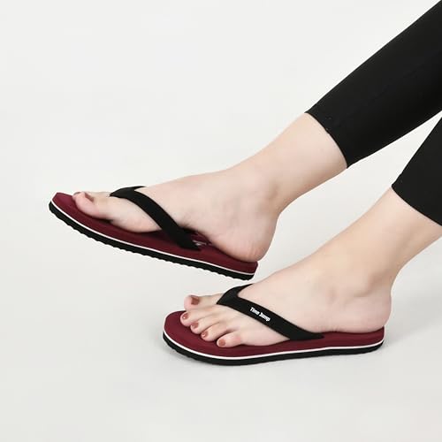 Image of Perforated Flip Flops, Burgundy with Black Straps, Casual Beach Sandals