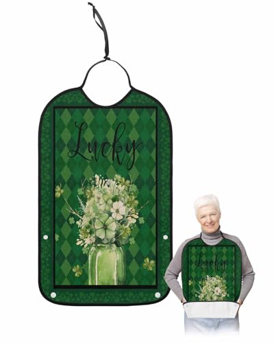 St. Patrick's Day Adult Bib for Adults Men, Women, Washable & Adjustable Terry Cloth Bib with Crumb Catcher Reusable Waterproof Clothing Clothes Protector Apron Flower Leaves Vase Green Buffao Lattice