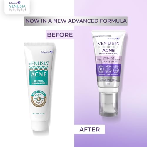 Image of Dr. Reddy's Venusia Acne Moisturizing Gel For Oily & Acne Prone Skin | Ultra-light Sebum Control Formula With 5%+ Hydrating Complex, Polyglutamic Acid, 4-D Hyaluronic Acid and Ceramide | Advanced Care For Clear, Balanced & Healthy Skin | Unisex Face Gel | 60 gm