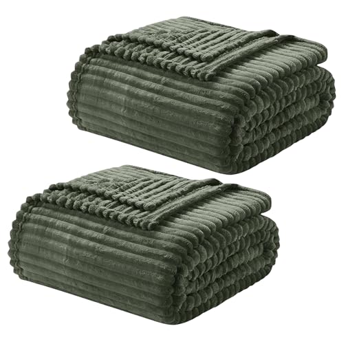 Image of Nestl Green Throw Blanket for Couch - Cozy Warm Fuzzy Blankets for Women, Set of 2 Small Fleece Throws for Girls - Olive Green, 50 x 60 Inches