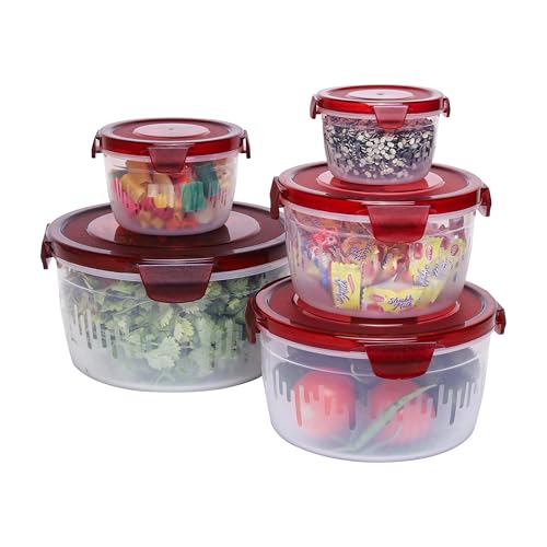 Image of PEARLPET PP Container Circular Plastic Food Storage Container with Air Tight Lid | Fridge & Freezer Dabba Containers, Fruit Box Set of 5, Red (300ml, 600ml, 1200ml, 1800ml and 3000ml)