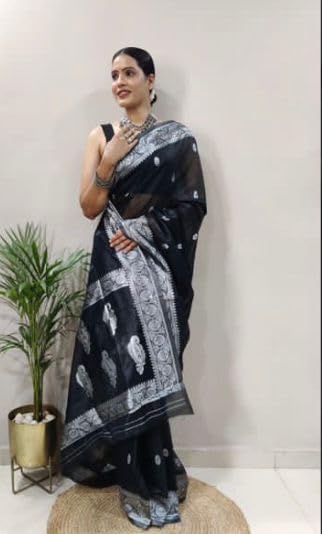 Image of Banarasi soft Cotton-Silk Saree with Unstitched Blouse - Graceful Design for Special Occasions, Weddings & Festivals