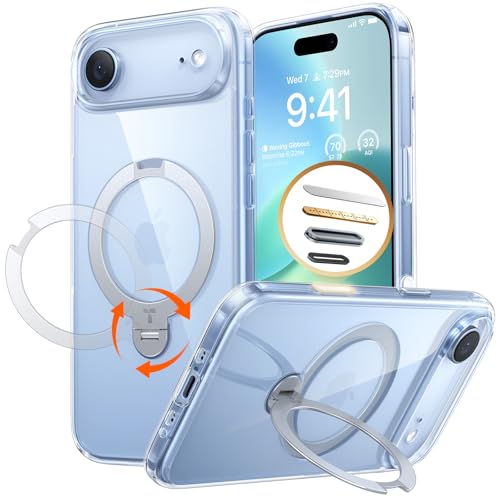 Image of TORRAS Q3 Spin for iPhone 17 Air Case, 360 Magnetic Stand, Clear | Compatible with MagSafe, Built-in Kickstand, Camera Control, 4X Military-Grade Shockproof Translucent Phone Case for Air