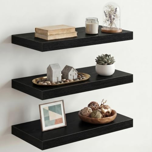 Image of Fun Memories 10 inch Deep Floating Shelves with Invisible Brackets, 20 inch Wall Shelves for Bathroom Bedroom Living Room, Modern Rustic Shelves for Home Decor, 20 inch W x 10 inch D x 1.5 inch H, Set of 3, Black